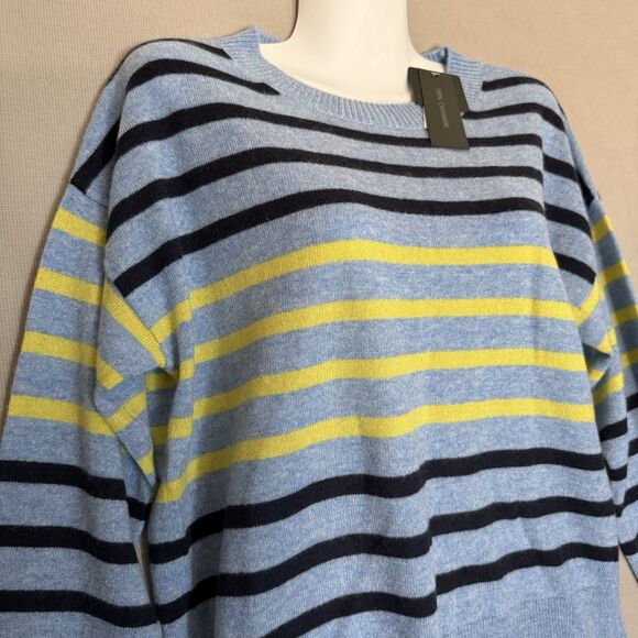 Magaschoni 100% Cashmere Sweater Medium Preppy Blue Striped Womens Crew Neck New - Picture 3 of 9